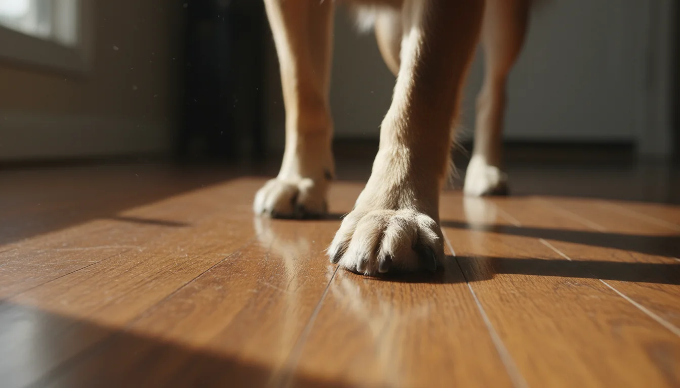 Close-up of a dog's paw on a hardwood floor, showing overgrown nails pressing into the paw pads.