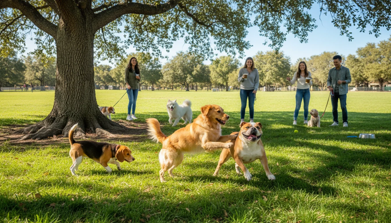 Dogs playing and sniffing in a sunny dog park. A golden retriever playfully pounces on a bulldog, a beagle sniffs a tree, and another dog runs.