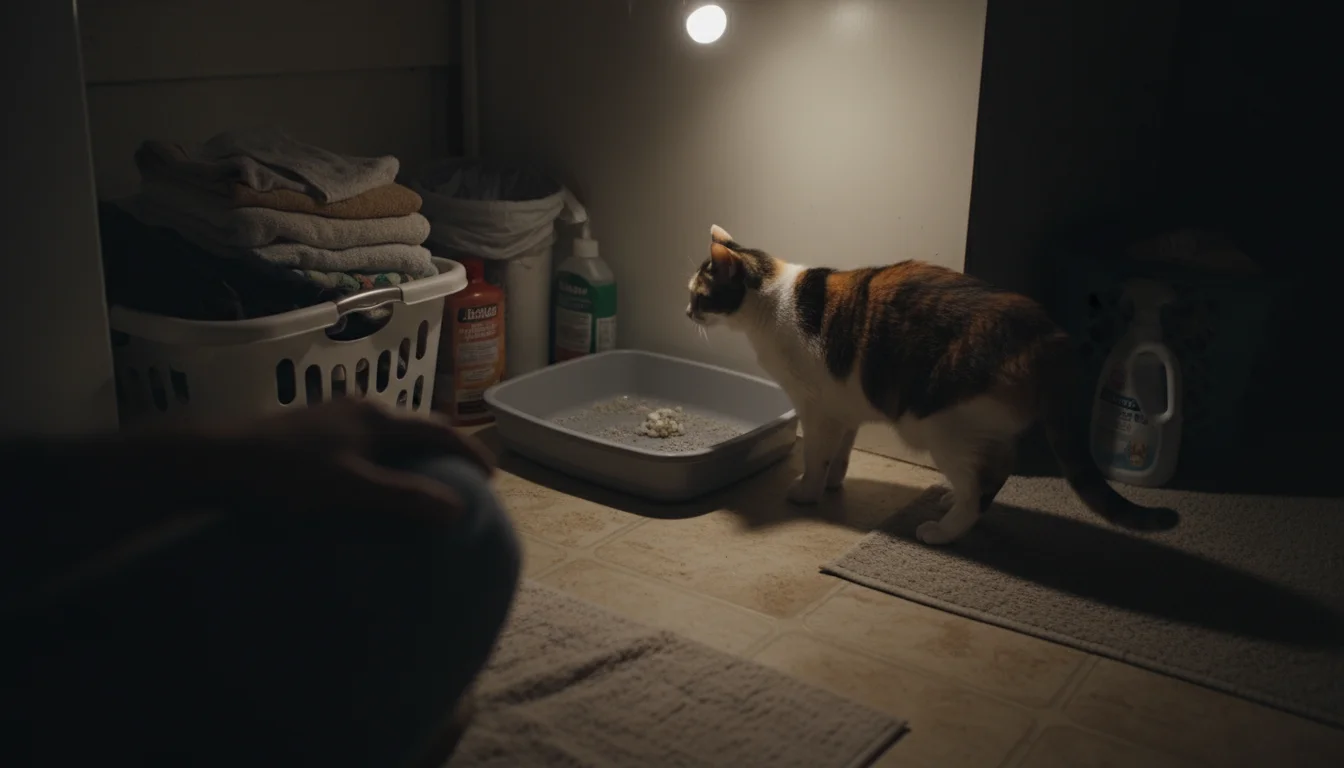 A domestic cat shows subtle signs of stress near a small, used litter box in a dimly lit laundry room corner, observed by a blurred hand.