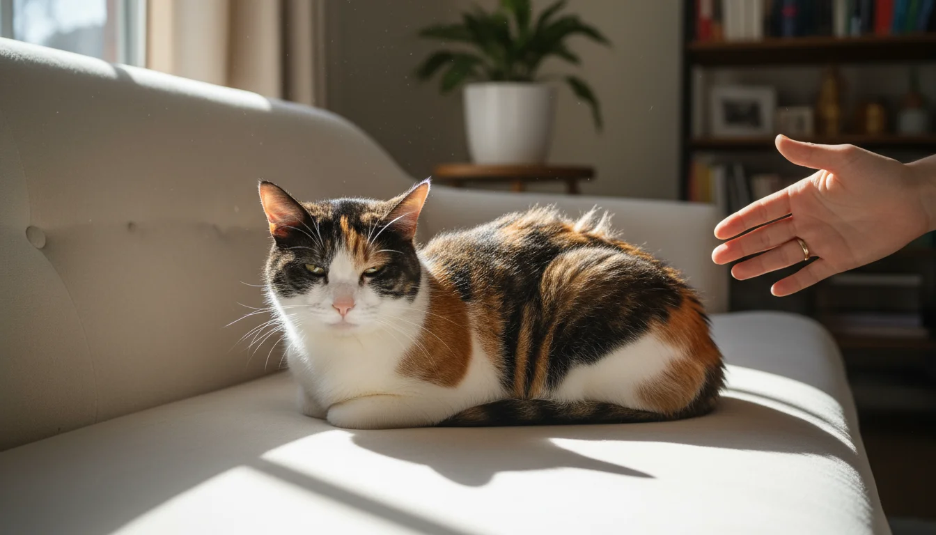 Domestic short-haired calico cat resting on a sofa, with dull, slightly matted fur observed by a person's hand.