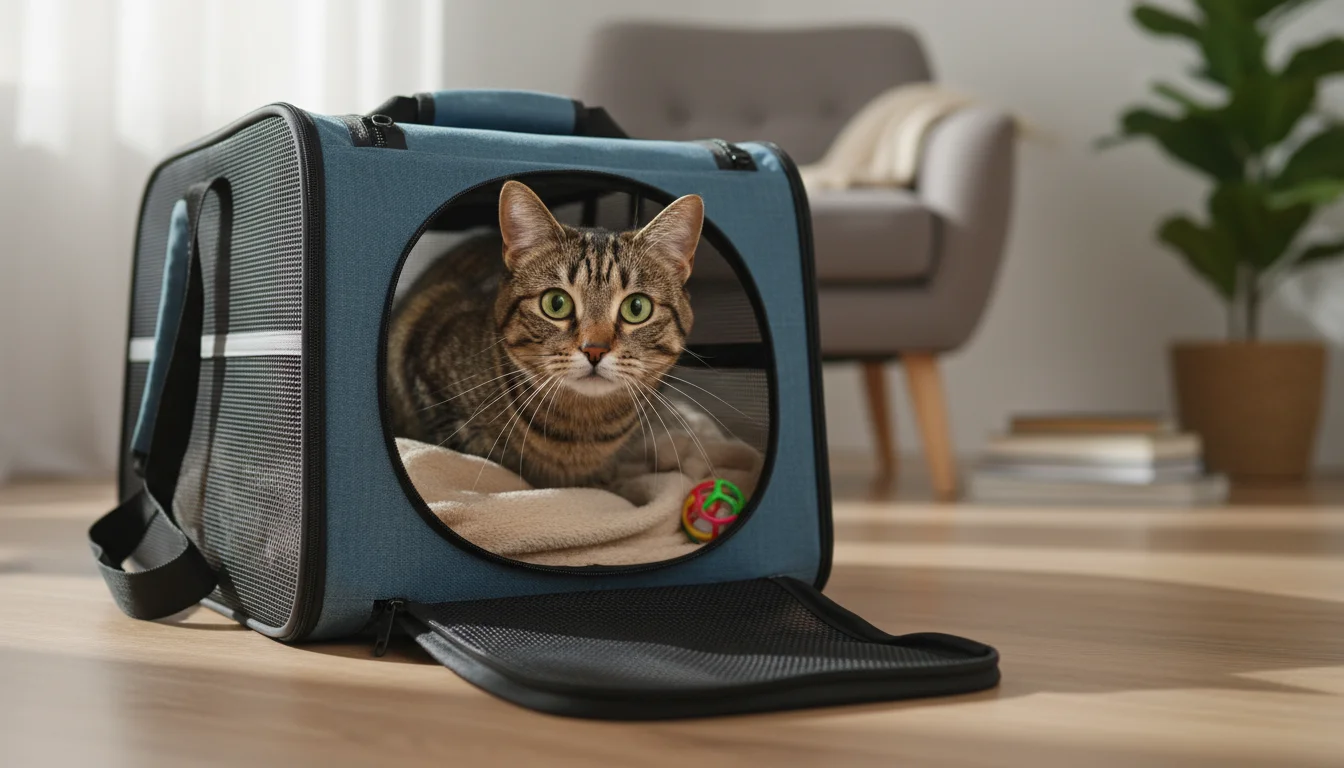 A domestic short-haired tabby cat looks out from inside an open, soft-sided pet carrier with a soft blanket and toy.