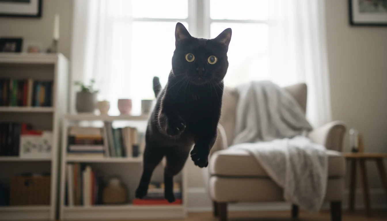 A domestic shorthair cat leaps mid-air, intensely focused on an interactive feather wand toy held above it.