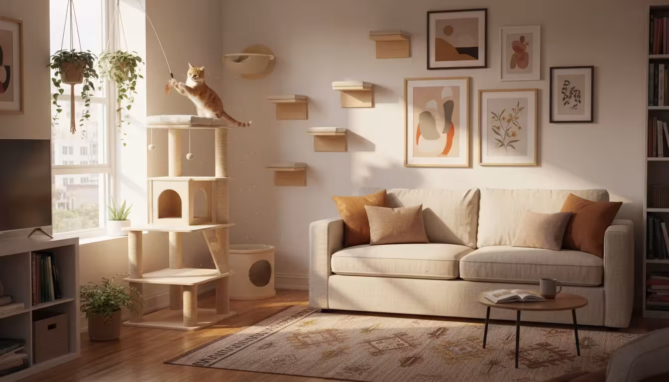 A domestic shorthair cat plays on a corner cat tree in a sunny apartment, with wall-mounted cat shelves visible.