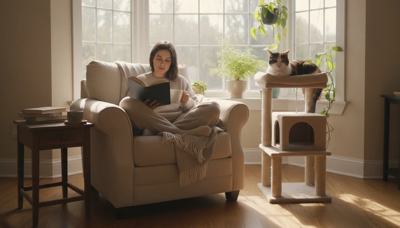 A domestic shorthair cat rests on a cat tree near a window, a person reads on an armchair in a sunlit living room.