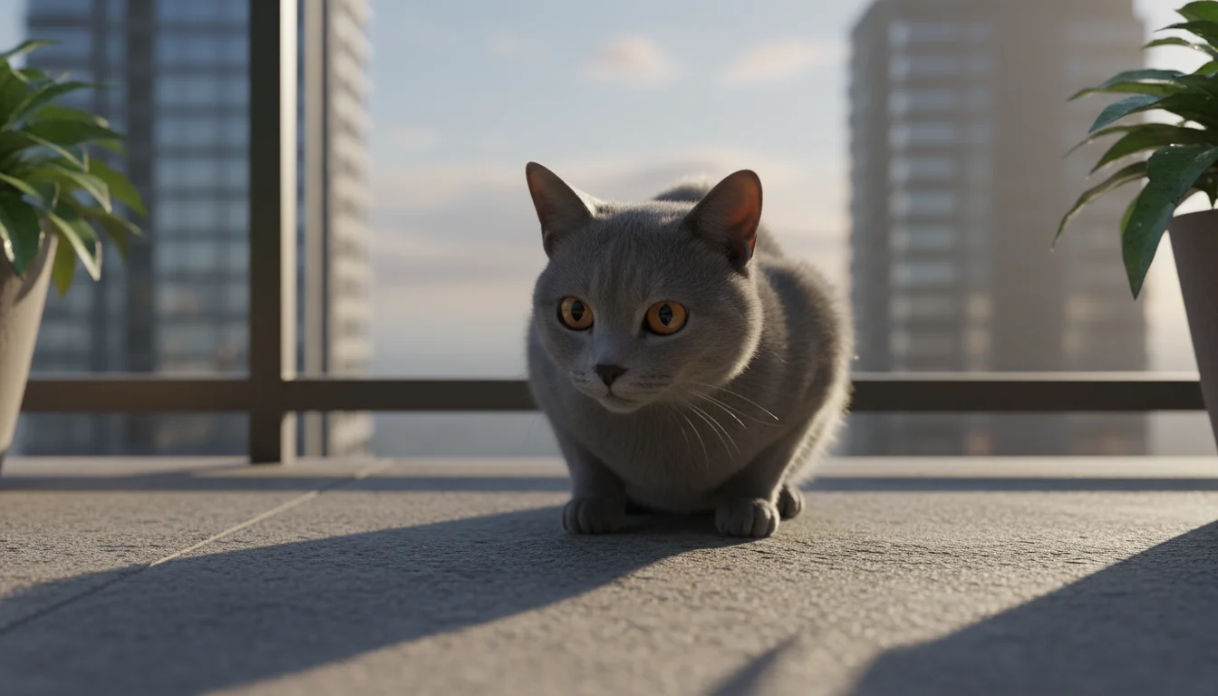 A domestic shorthair cat sits a bit hunched on a concrete balcony floor near an open glass door, looking slightly disoriented, with city buildings in 