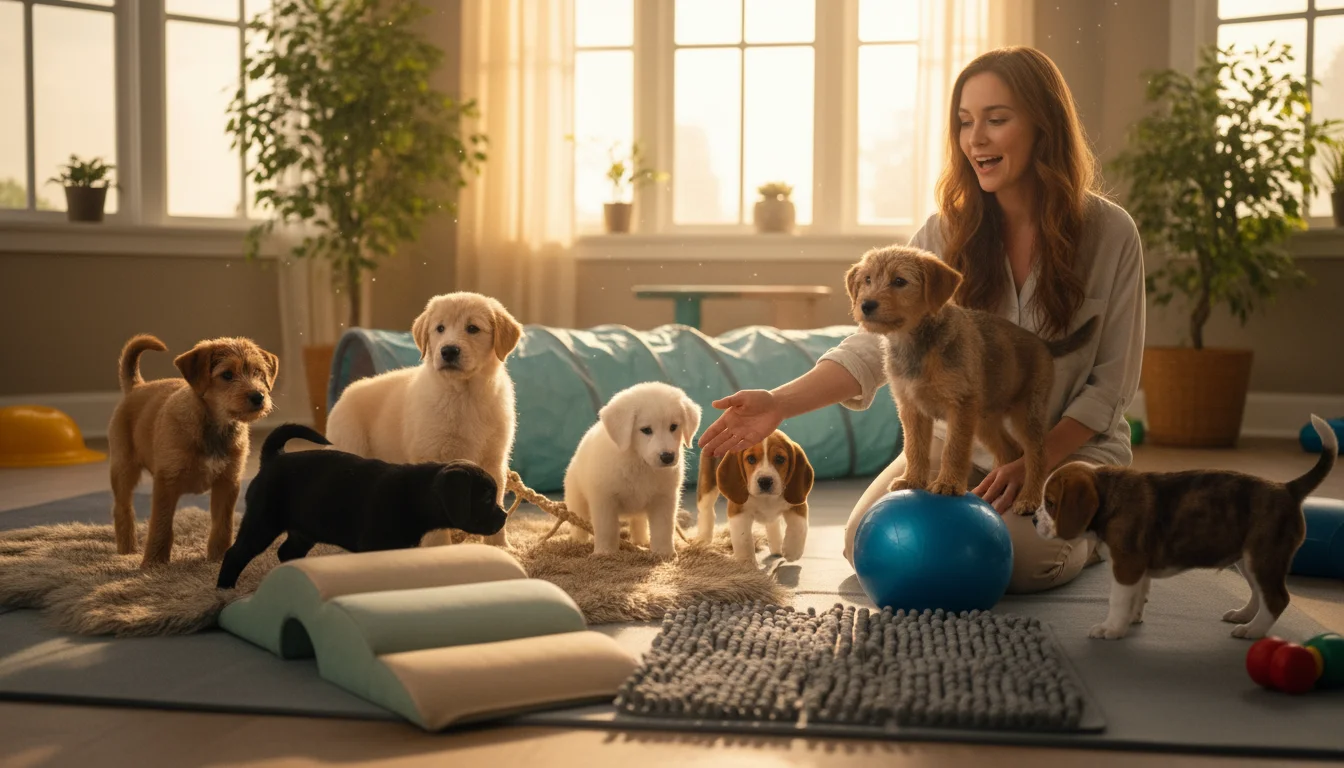 Eight-week-old puppies, including a terrier and lab mix, exploring textured blankets under a human's gentle supervision.