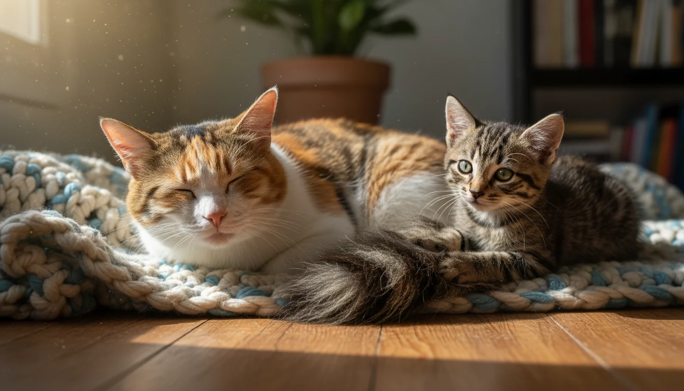 An elderly calico cat naps peacefully on a sun-dappled blanket while a curious, wide-eyed tabby kitten playfully bats at its tail, showcasing age cont