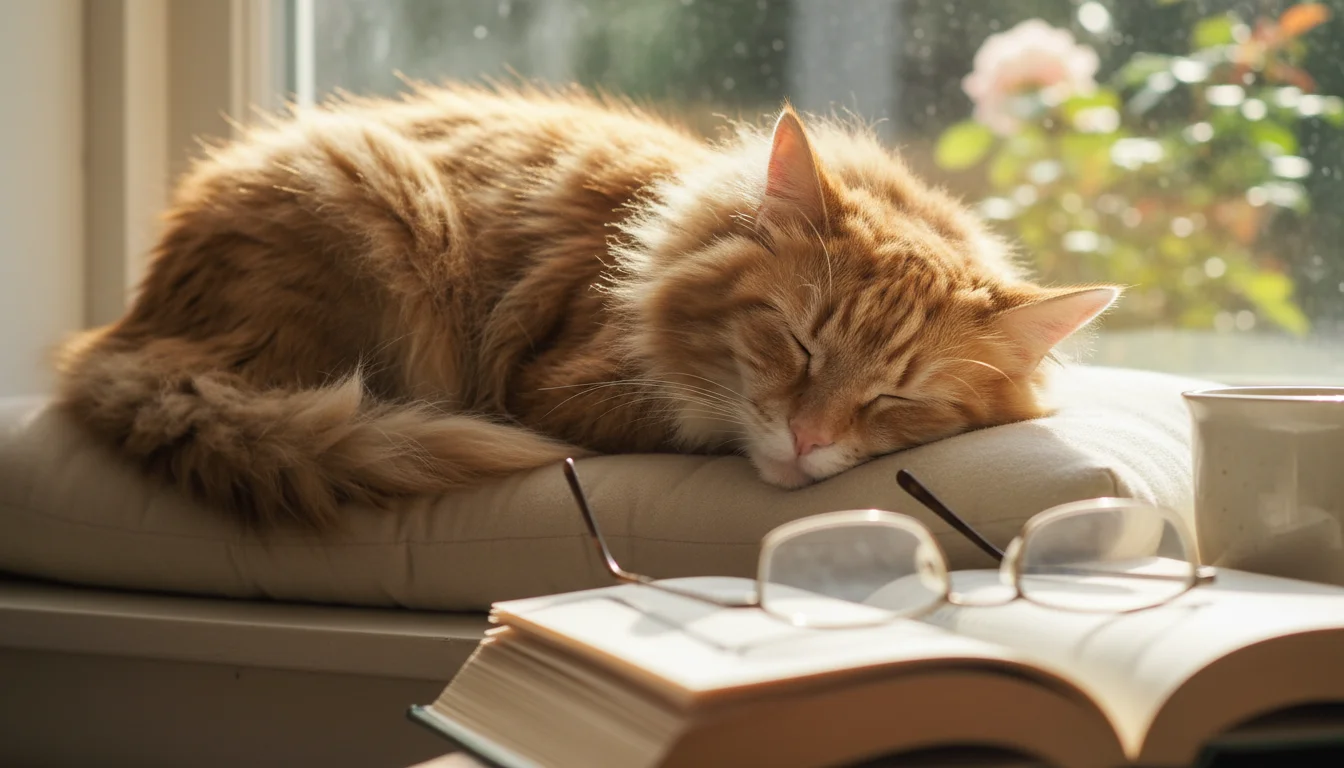 An elderly, fluffy ginger cat sleeps peacefully on a sunlit windowsill cushion near an open book and reading glasses.