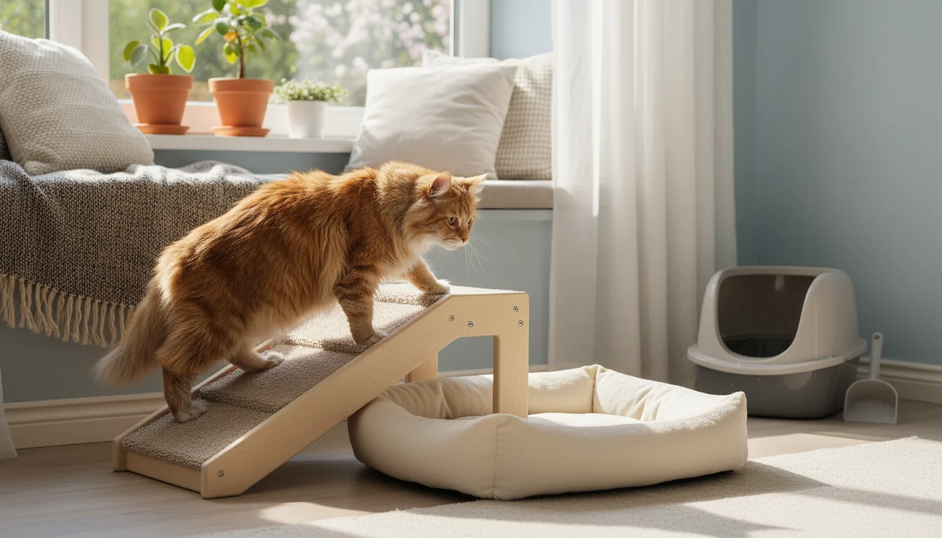 An elderly ginger cat carefully descends a pet ramp next to a window seat, with a memory foam bed and low litter box nearby.