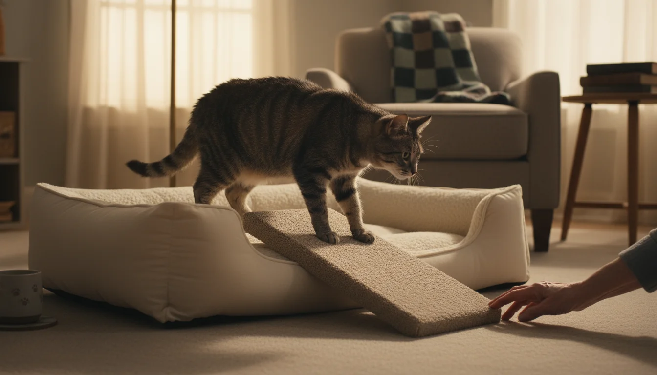 An elderly tabby cat slowly uses a carpeted ramp to get onto a soft bed. A human hand gently rests nearby, offering reassurance.