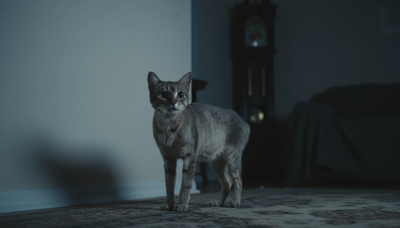 An elderly tabby cat stands rigidly, staring blankly at a wall in a dimly lit room at night, appearing disoriented.