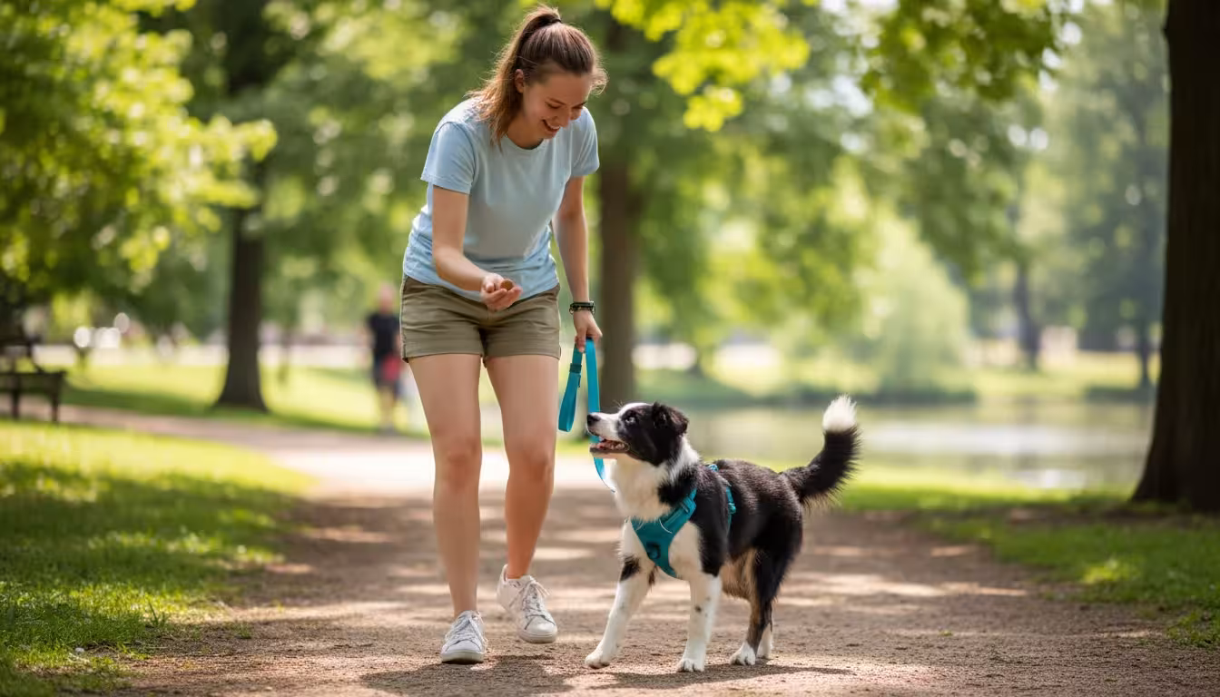 Energetic Border Collie mix puppy in a blue harness walking beside a smiling owner, receiving a training treat in a sunny park.