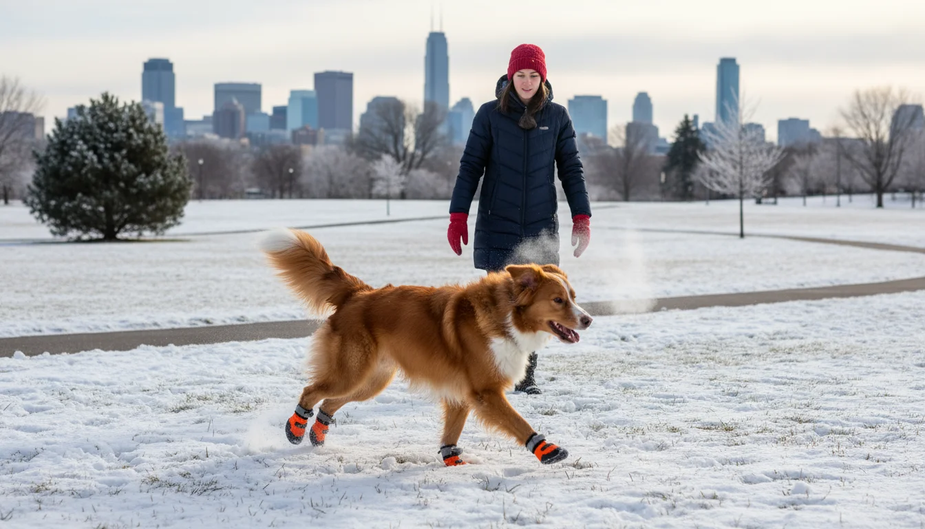 An energetic mixed-breed dog wearing orange winter booties bounds through a lightly snow-dusted park field, its owner watching from behind.