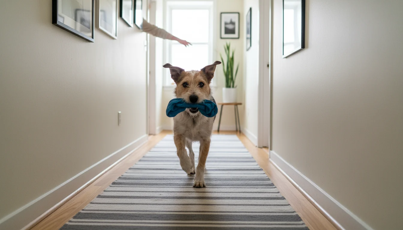An energetic terrier-mix dog sprints down a narrow apartment hallway, a soft fabric frisbee in its mouth, on a non-slip rug.
