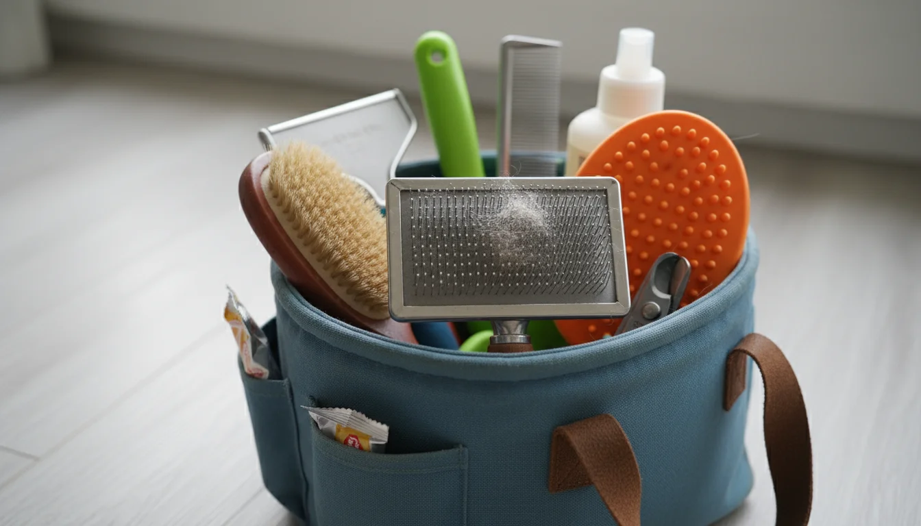 A fabric caddy neatly holds various cat grooming tools, including a slicker brush, bristle brush, rubber curry brush, and de-shedding tool.