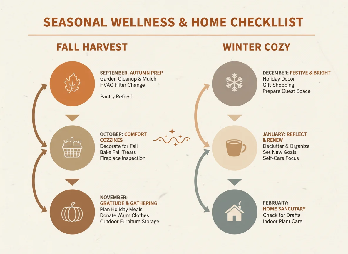 Infographic showing fall, winter, seasonal schedule or checklist.