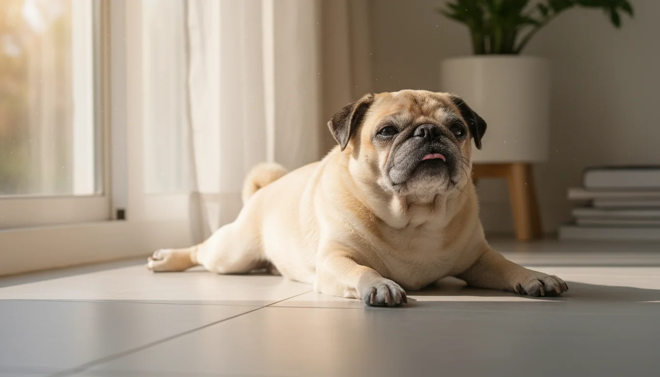 A fawn-colored senior Pug dog lies on a tile floor, panting softly with its tongue out. A human hand gently rests on its back.