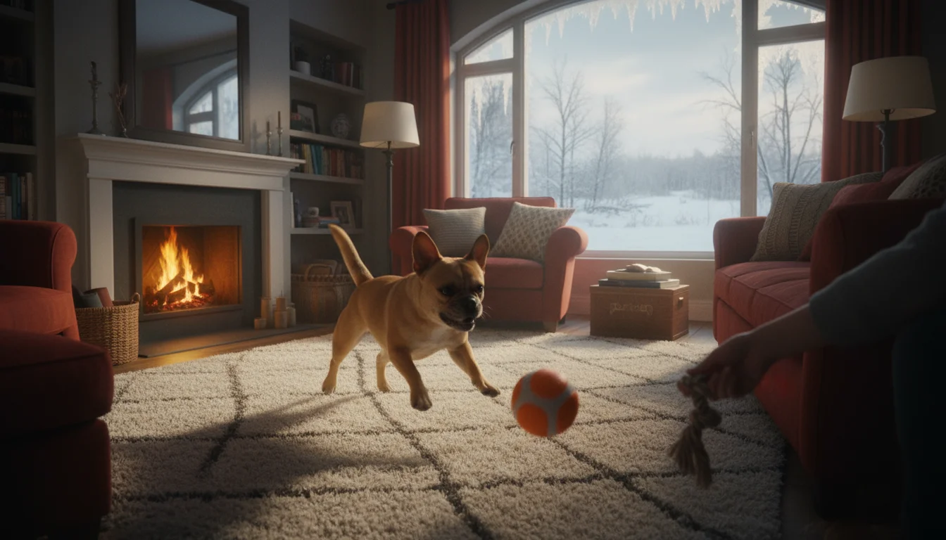 A fawn French Bulldog mix happily plays fetch with a toy inside a warm home, while a snowy, icy landscape is visible outside a window.