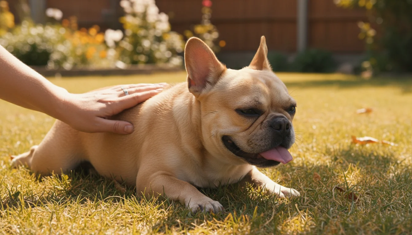 Fawn French Bulldog panting in dappled shade, with a human hand gently resting on its back.