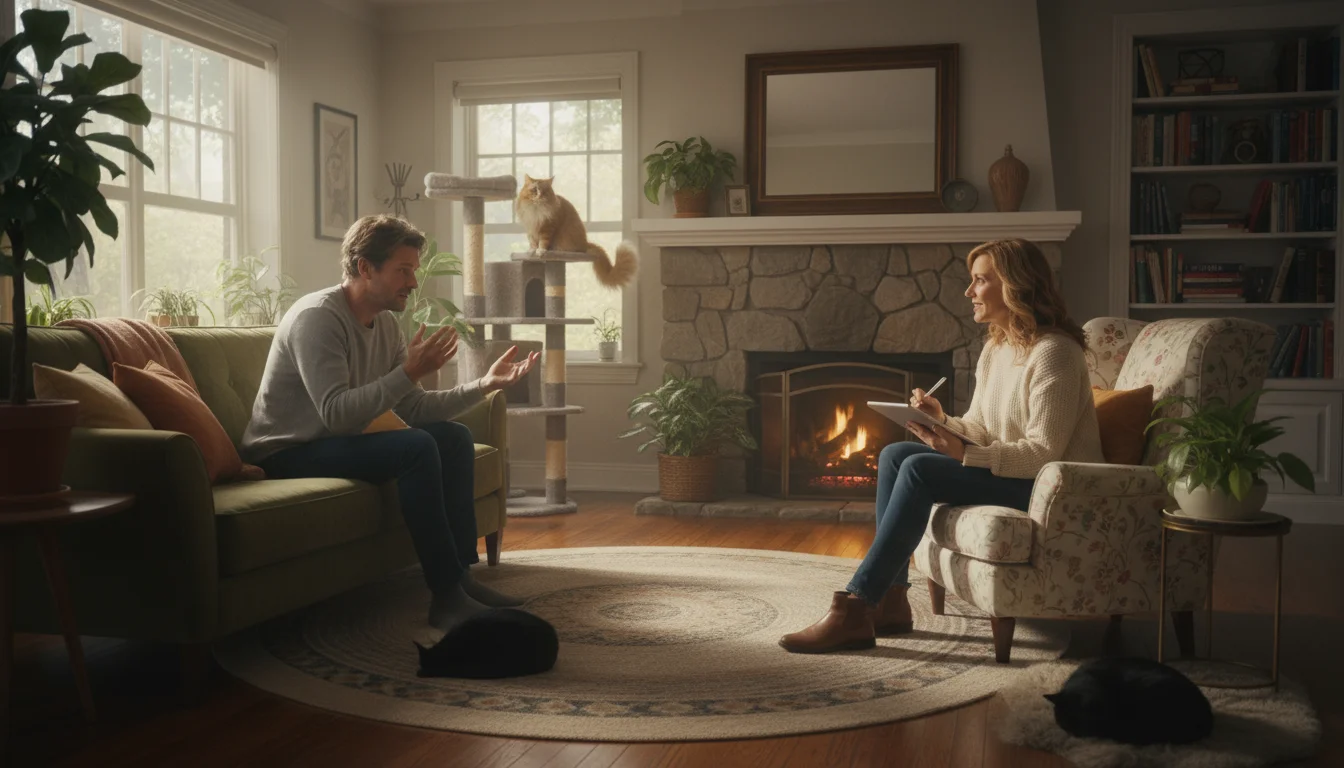A female cat behaviorist takes notes on a tablet while an owner explains his cat's behavior in a living room. An apprehensive Maine Coon mix cat peeks
