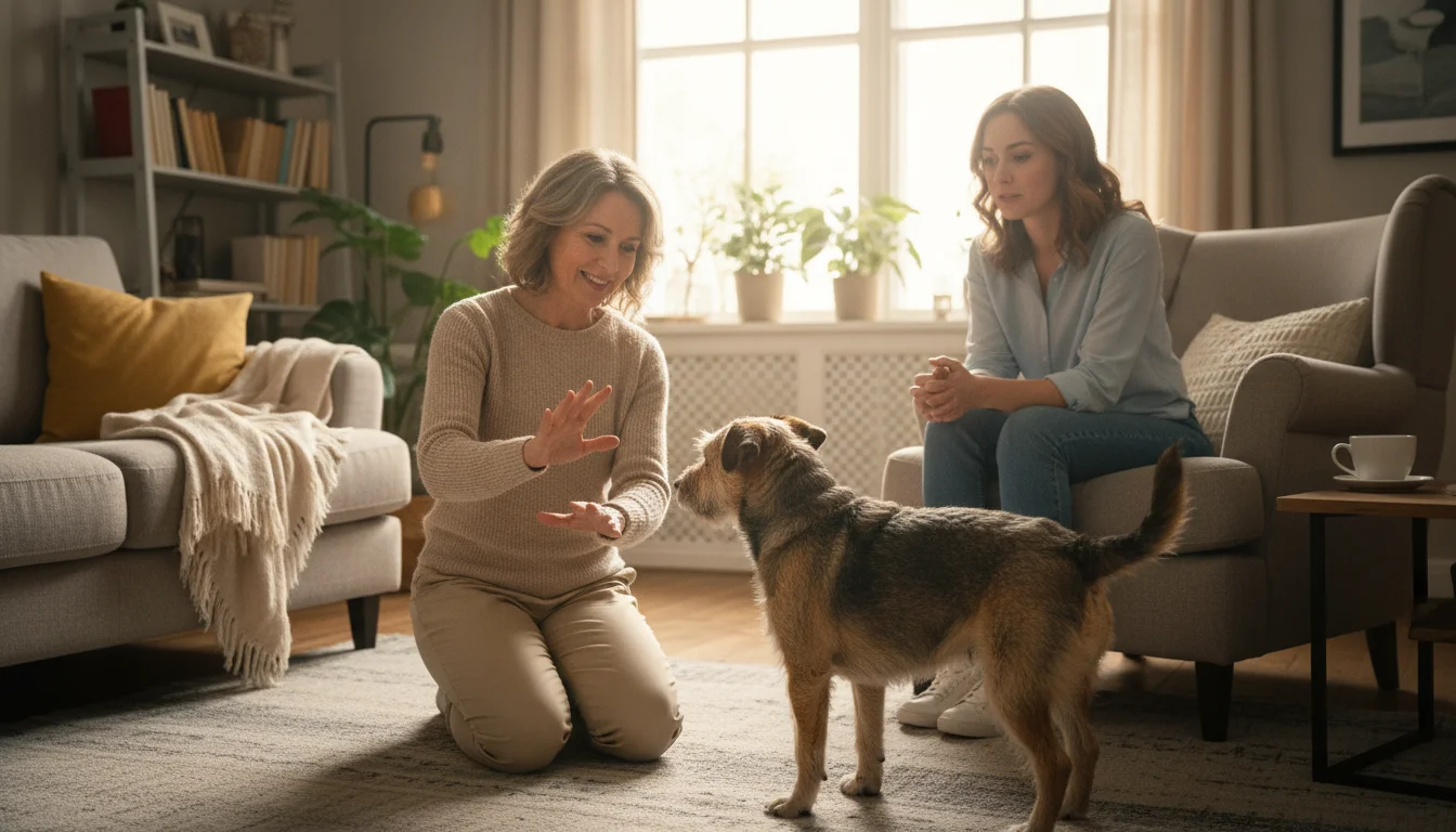 A female dog behaviorist calmly demonstrates a calming technique to an anxious terrier mix in a living room as the owner watches.