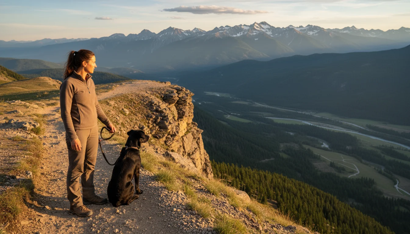 A female hiker and her black Labrador mix sit calmly on a mountain trail, safely away from a steep drop-off overlooking a valley.
