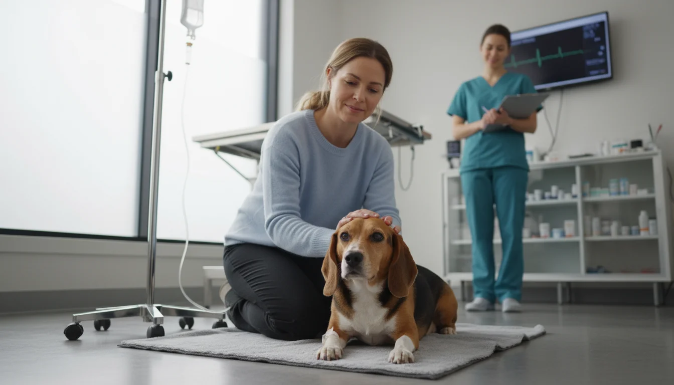 A female pet owner gently comforts her subdued beagle mix dog on the floor of a vet exam room, while a female veterinarian observes.