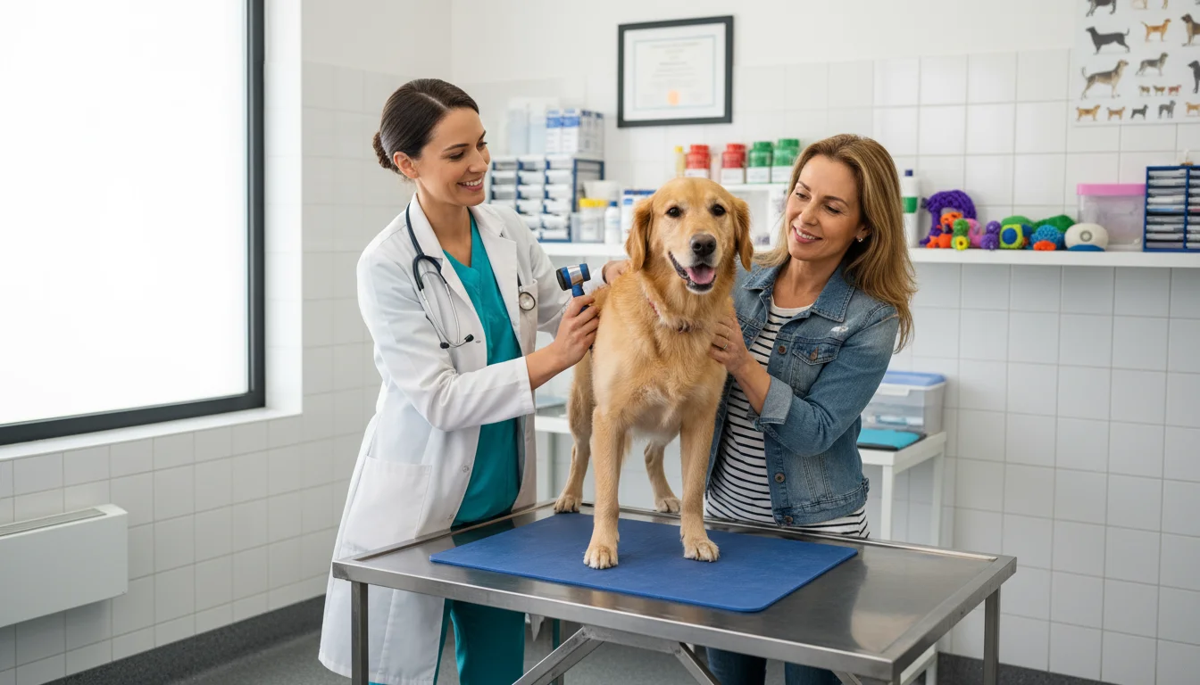 A female vet gently examines a calm golden retriever mix on an exam table, with the owner observing nearby, conveying a trusted wellness check.