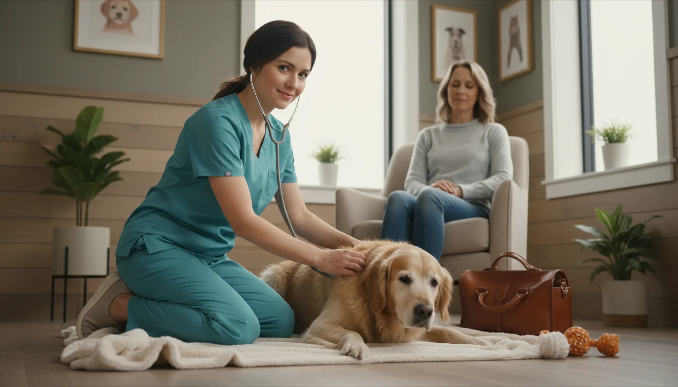 A female vet kneels, gently examining a calm, grey-muzzled senior Golden Retriever on a soft blanket in a modern vet clinic exam room, with the owner 