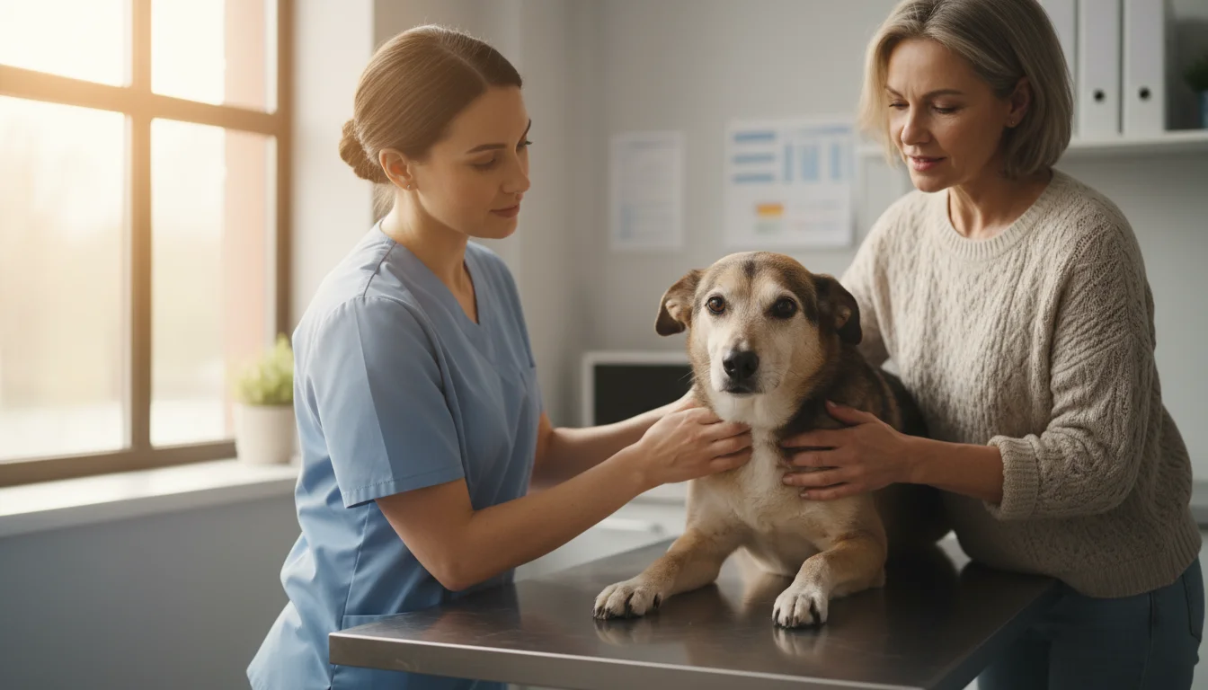A female vet in scrubs examines a senior mixed-breed dog on an exam table, while its owner gently supports and watches intently.