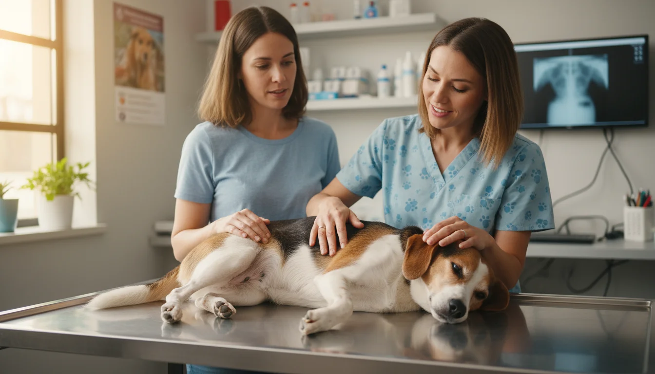 A female veterinarian in blue scrubs gently examines a brown dog's abdomen on a steel table, while an owner watches.