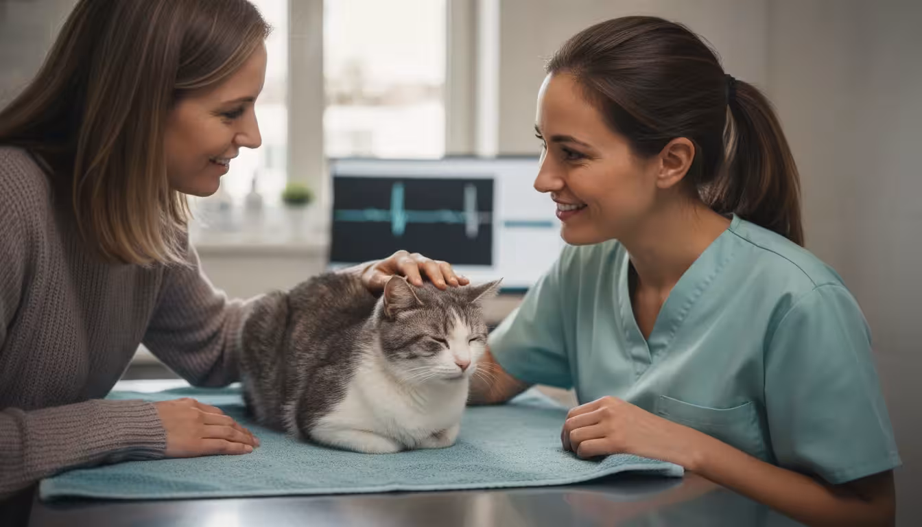 A female veterinarian, in blue scrubs, reassuringly speaks to a female cat owner while gently petting a senior grey and white cat on an exam table.