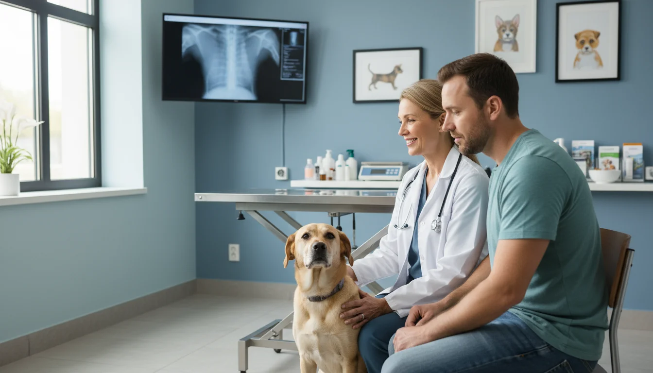 A female veterinarian discusses medication with a male dog owner, while a tan mixed-breed dog sits calmly beside the owner in a bright exam room.