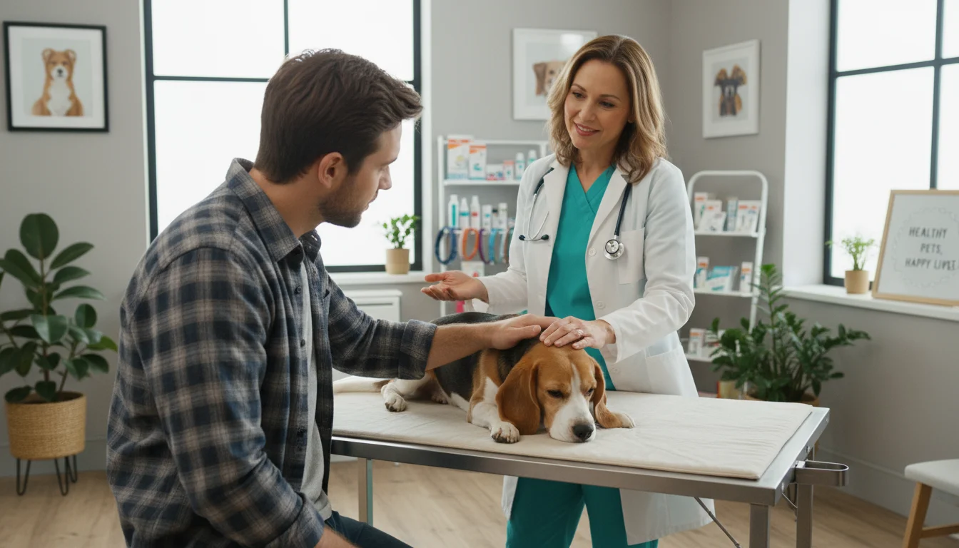 A female veterinarian discusses parasite prevention options with a male owner while a calm Beagle rests on the exam table.