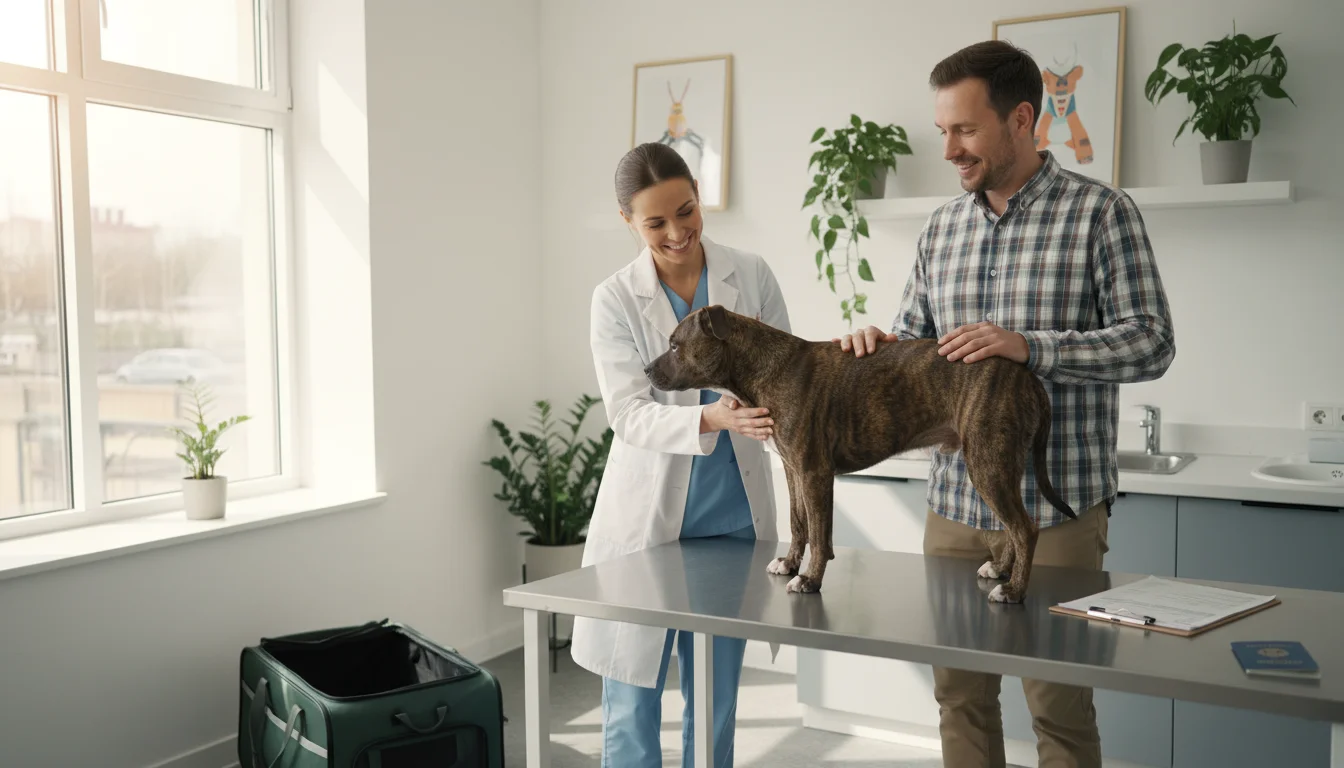 A female veterinarian gently examines a calm brindle dog on a steel exam table. Its owner stands nearby, reassuring the dog.