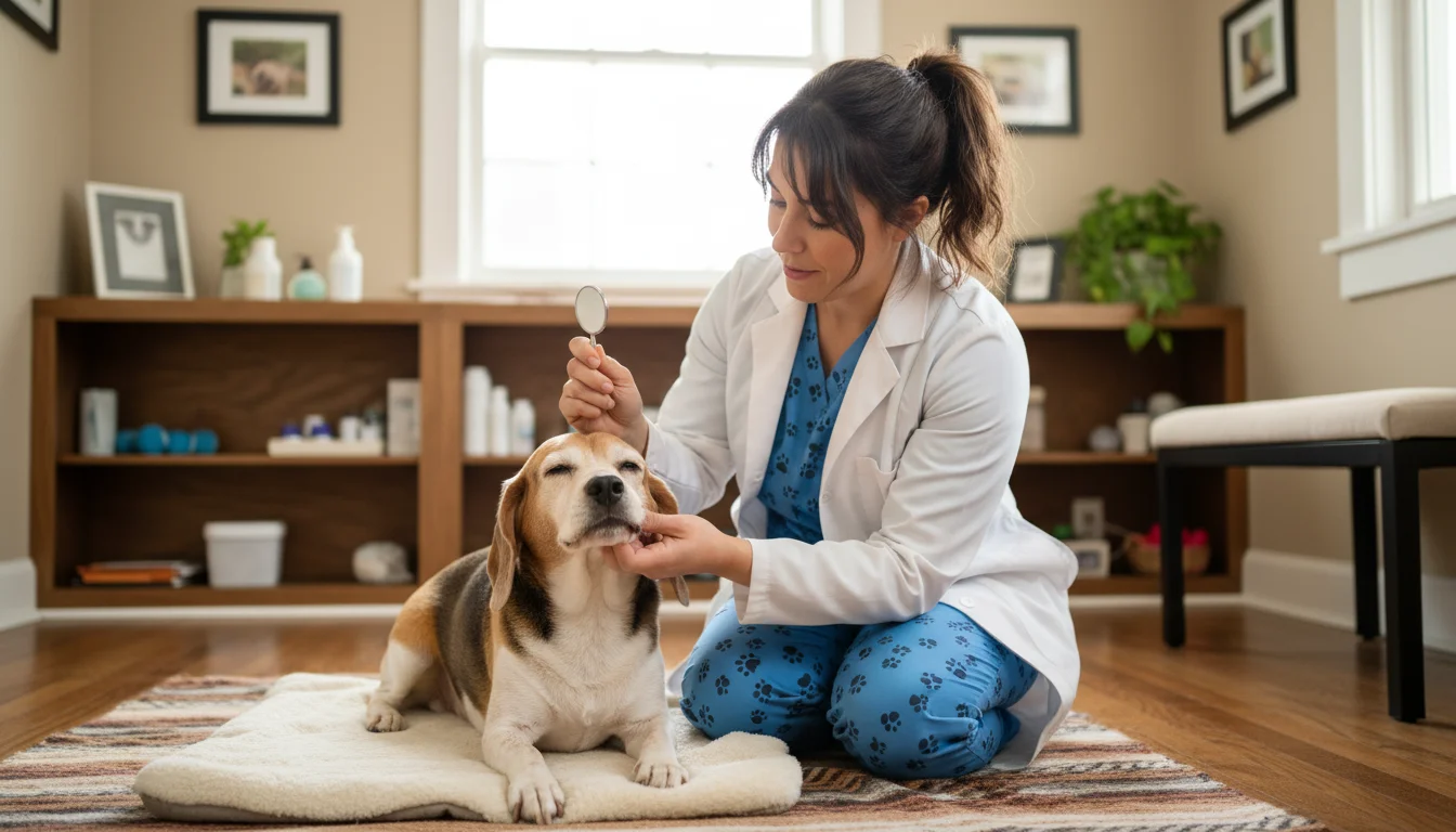 Female veterinarian gently examines an older Beagle mix dog's teeth with a small mirror in a warm vet room.