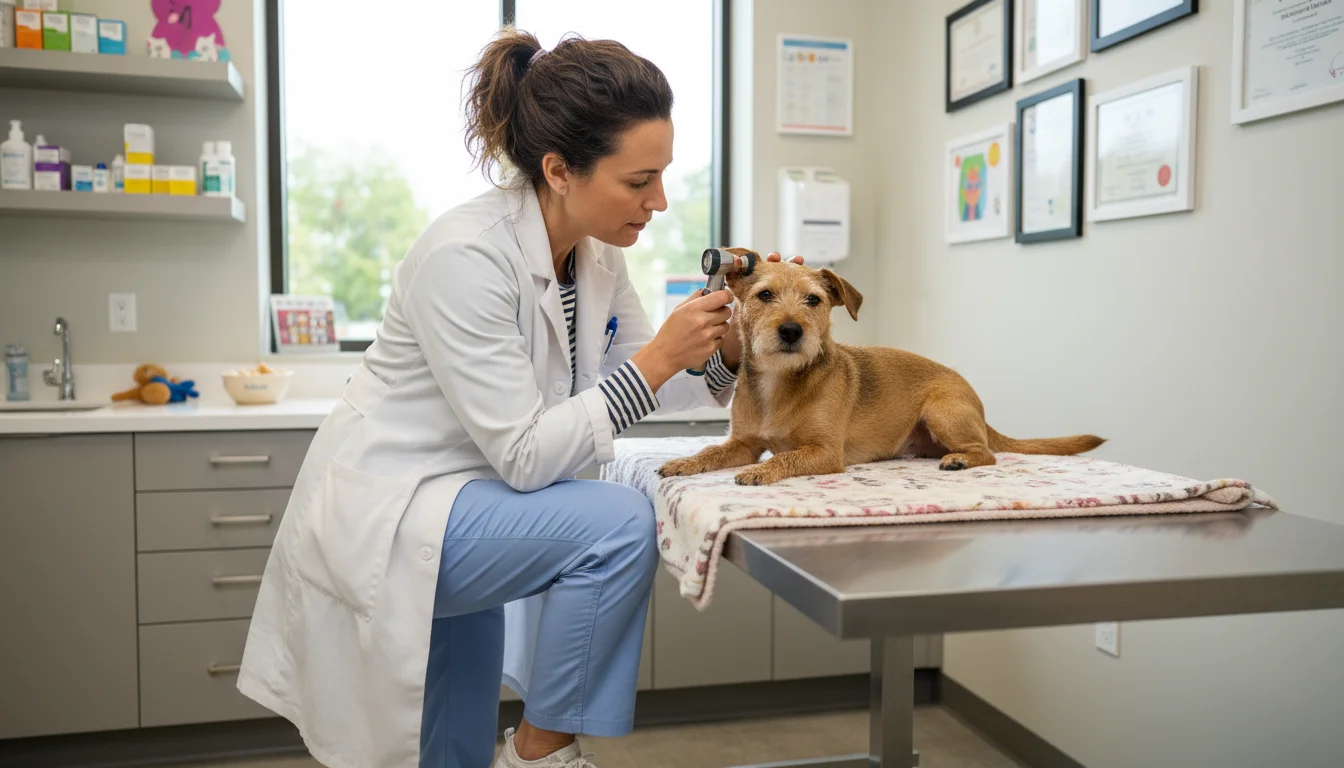 A female veterinarian gently examines a small terrier mix dog's ear with an otoscope on an exam table, while its owner watches.