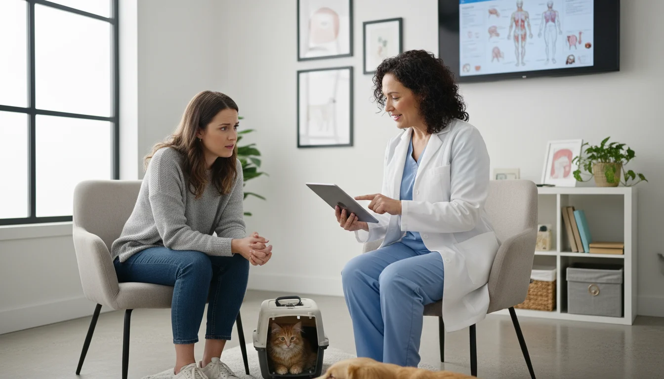 A female veterinarian explains a tablet's contents to a seated female pet owner, while an old brindle terrier mix rests calmly at their feet.