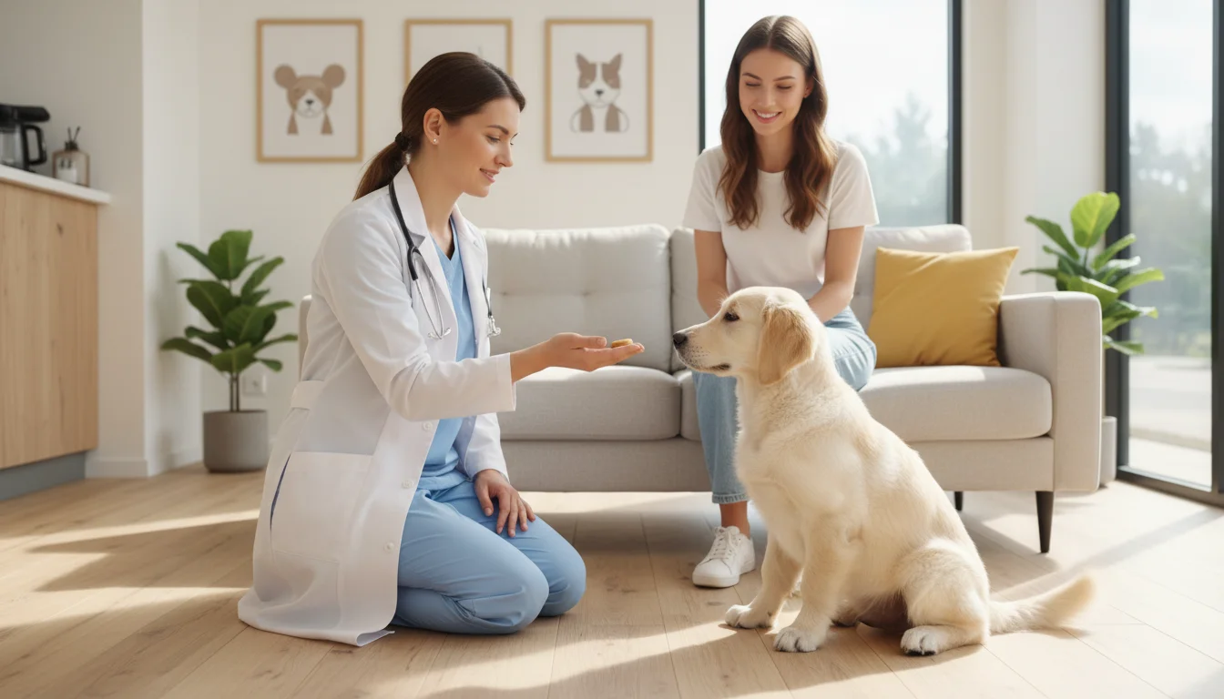A female veterinarian kneeling, offering a treat to a golden retriever puppy on the floor, with its owner smiling nearby in a vet clinic.