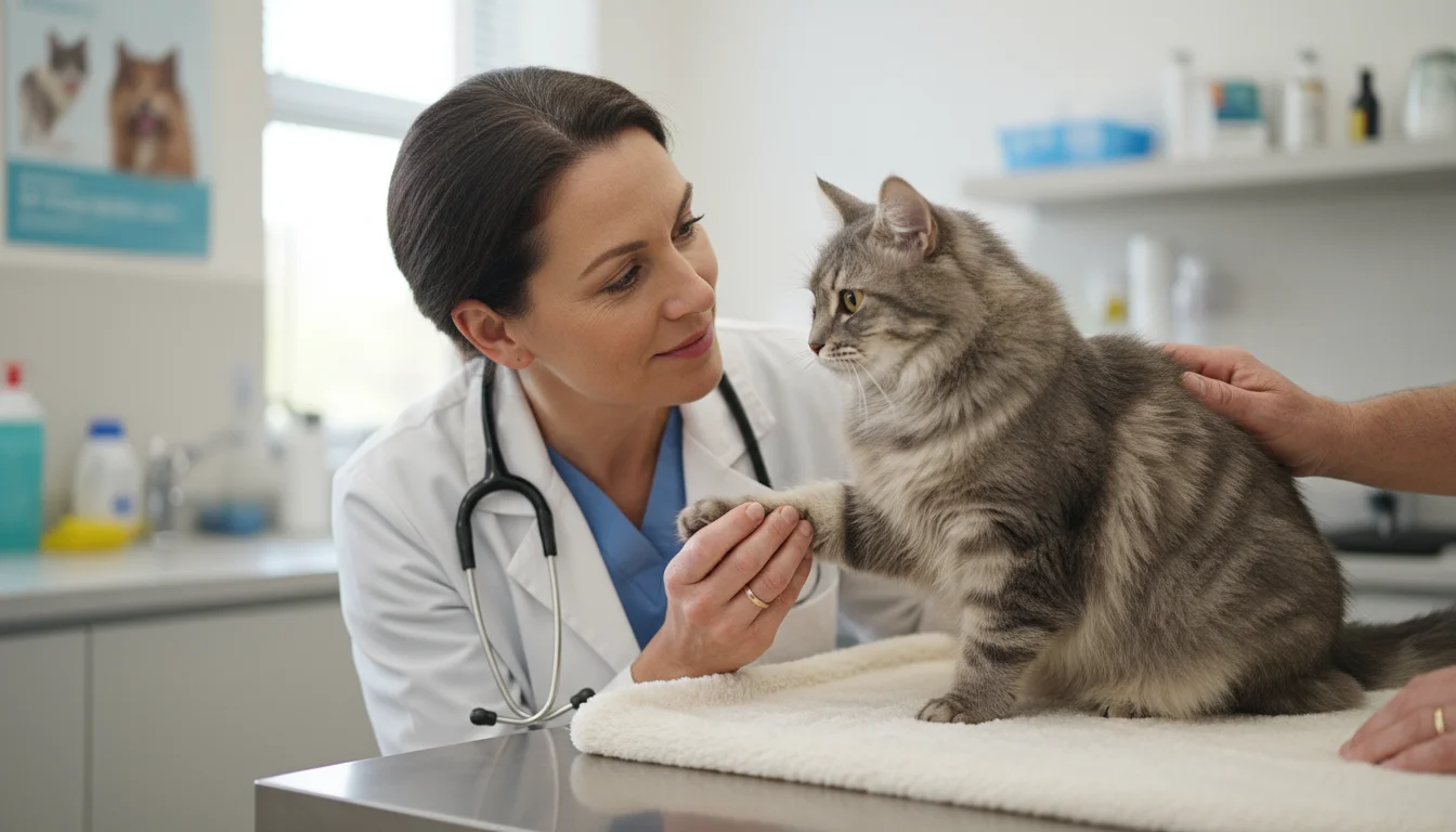 A female veterinarian kneels, gently holding a senior grey tabby cat's paw on an examination table, with the owner's hand comforting the cat. Stethosc