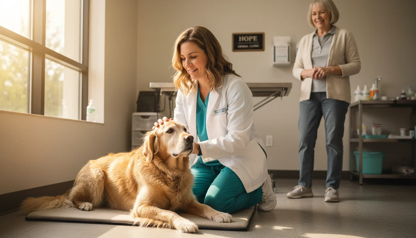 A female veterinarian kneels, petting an elderly golden retriever, while its owner watches with a gentle smile in a sunny exam room.