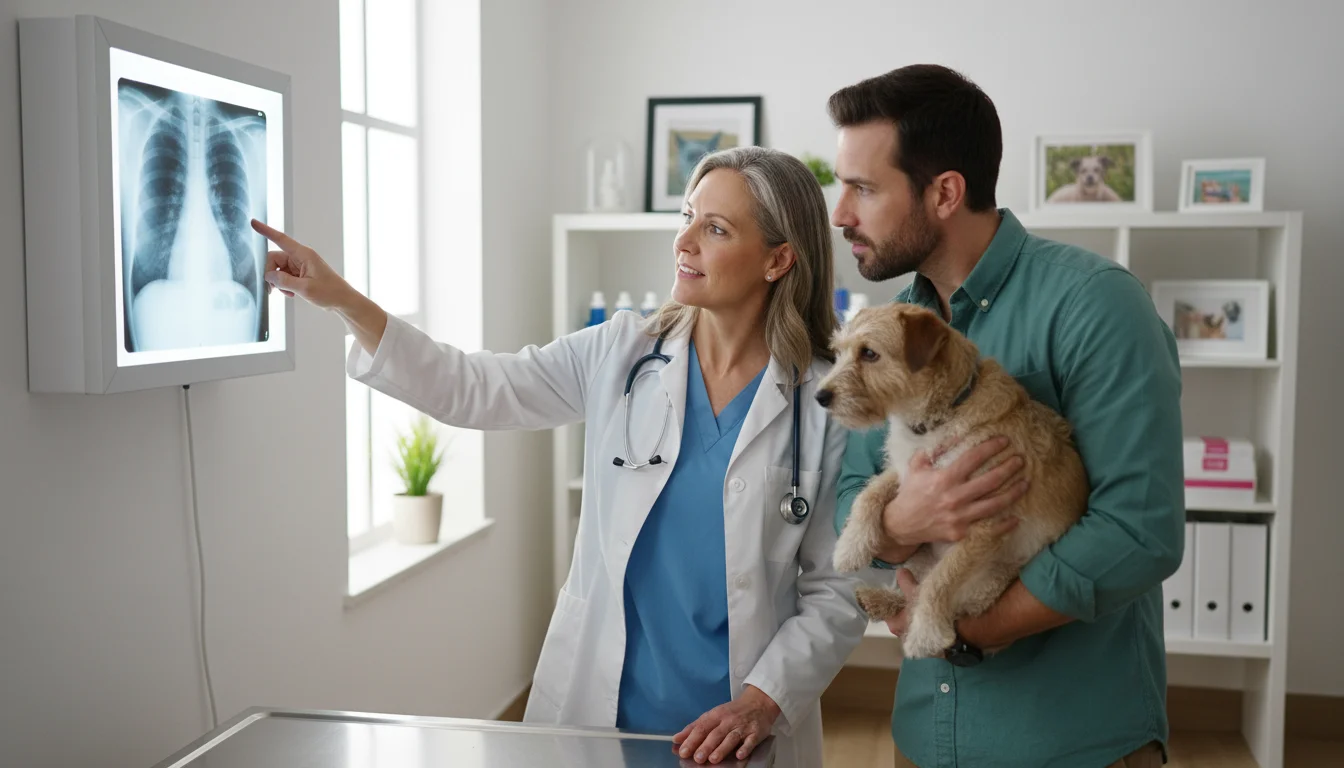 A female veterinarian points to an X-ray on a wall viewer, discussing it with a male pet owner holding a terrier mix.