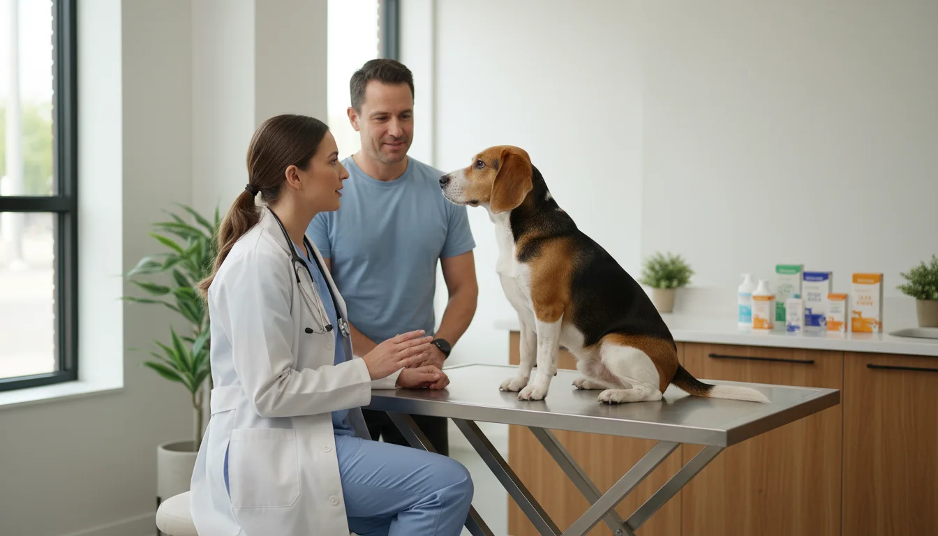 A female veterinarian in scrubs kneels, speaking to a pet owner, as a Beagle mix dog sits calmly on an exam table between them.