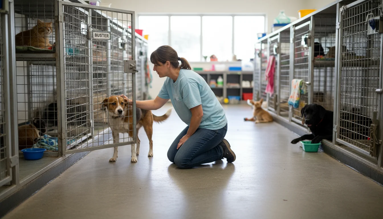 A female volunteer kneels, comforting a mixed-breed dog through its kennel door in a busy animal shelter, with many other pets in kennels visible behi