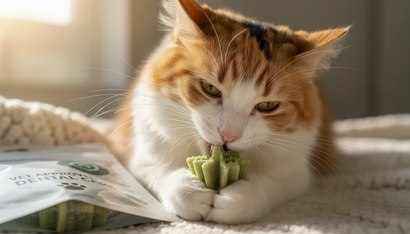 A fluffy calico cat intently chews a textured dental treat on a soft blanket, with a bag of vet-approved dental treats visible in the soft-focused bac