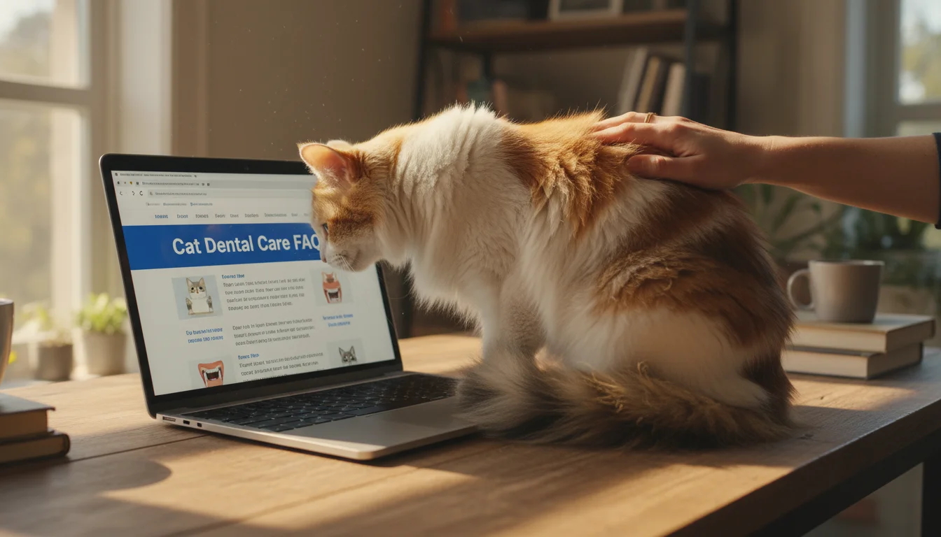 A fluffy calico cat on a wooden desk nudges a laptop displaying 'Cat Dental Care FAQ.' A hand gently pets the cat's back.