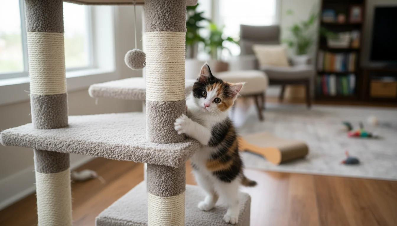 A fluffy calico kitten climbing a tall cat tree, looking down from a high platform in a sunlit living room.