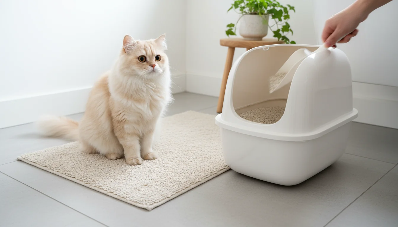 A fluffy cat watches calmly from a bath mat as a human hand scoops a clean, modern litter box in a well-lit home.