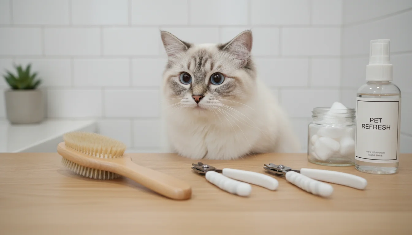 A fluffy, cream-colored cat peeks curiously over a minimalist grooming station with a soft brush, nail clippers, and towel.