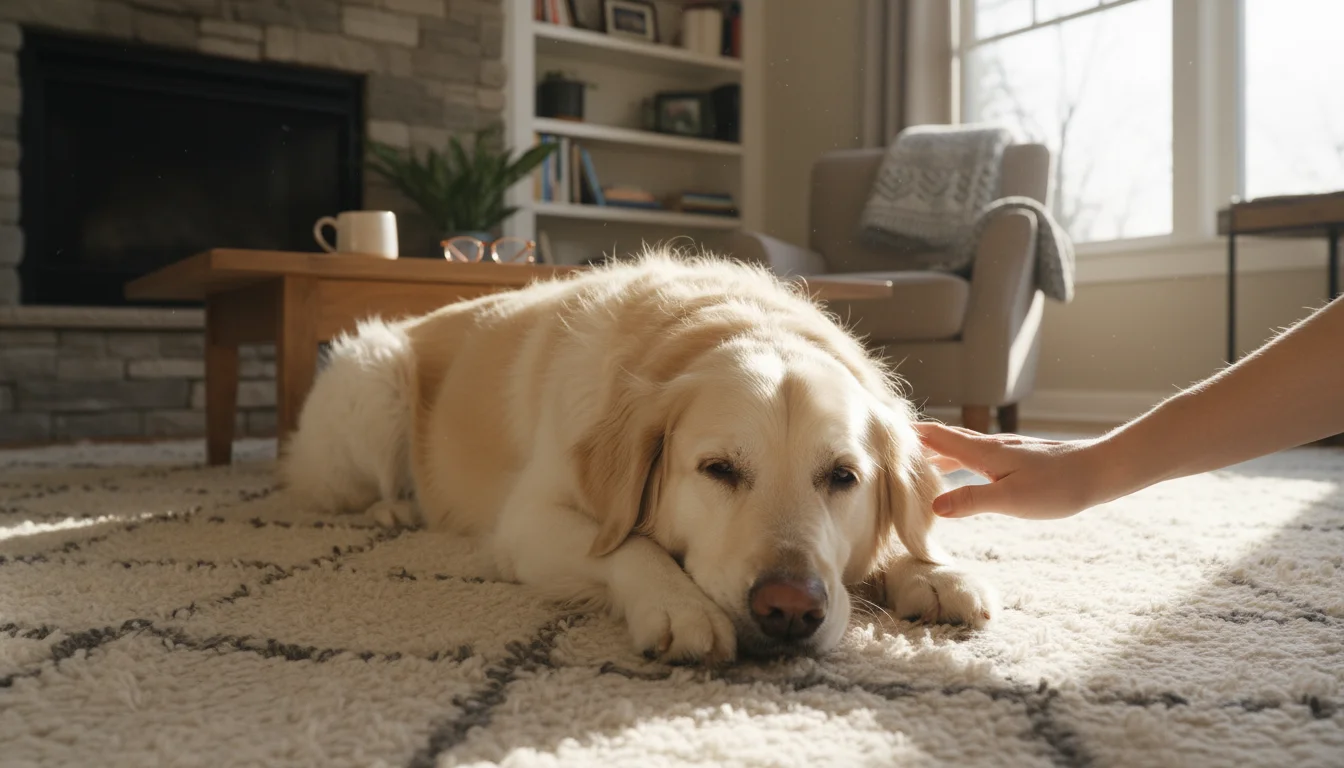 A fluffy, cream-colored dog lies calmly on a soft rug in a sunlit living room, its head resting on its paws. A human hand gently pets its back.